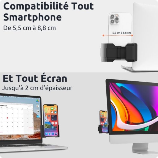 SUPPORT TELEPHONE UNIVERSEL POUR ECRAN PC/MAC - CLIP UNIVERSEL AVEC ANGLE REGLABLE 160° - PHONESIDE ONE – Image 5