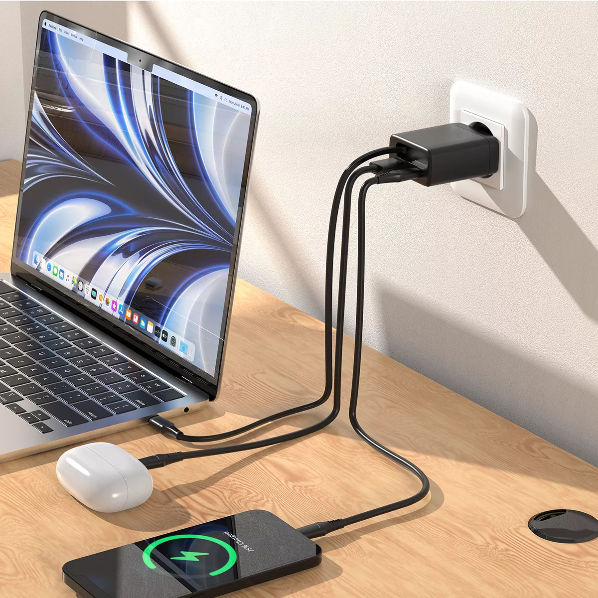 Chargeur Musthavz 2 ports 65W avec câble rétractable, noir – Image 2